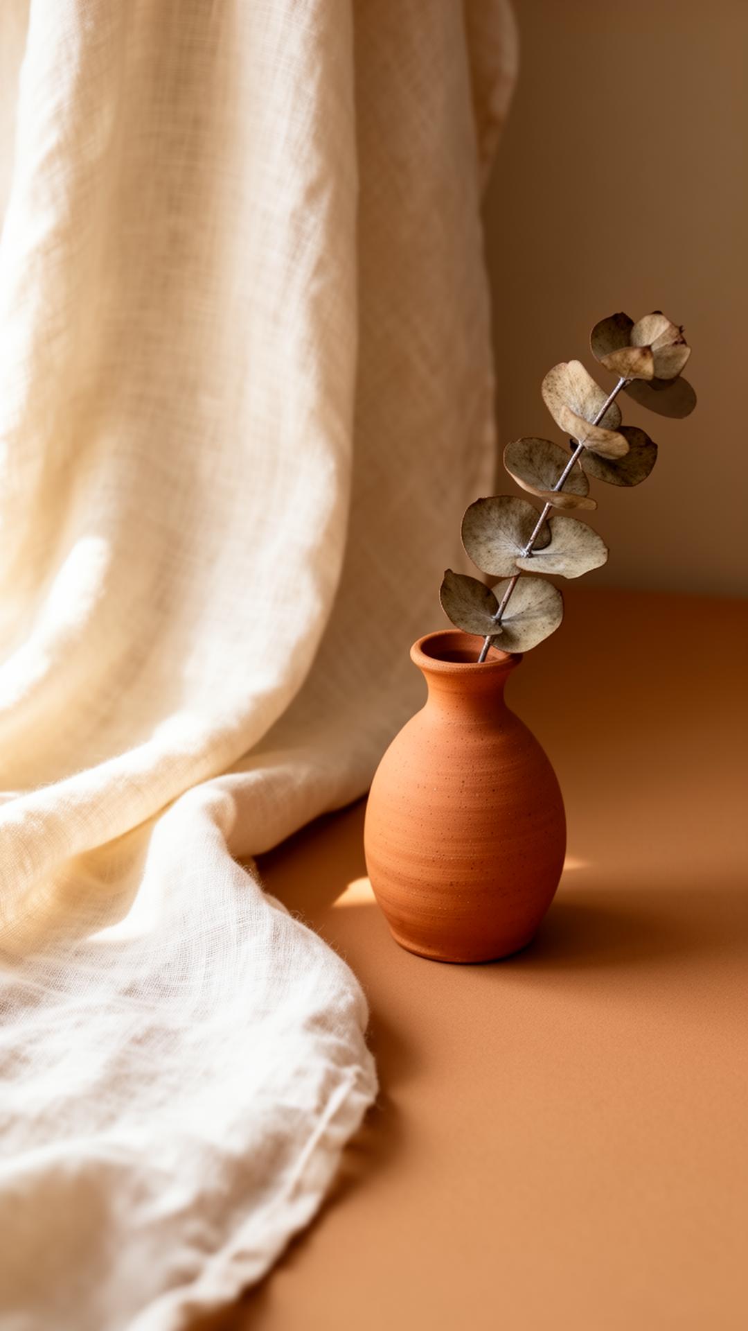 Vaso de cerâmica com eucalipto seco sobre tecido de linho creme